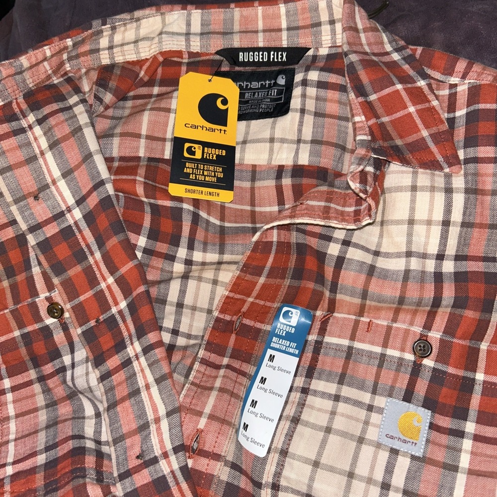 Carhartt Rugged Flex Relaxed Fit Lightweight Long-Sleeve Red Plaid Shirt Men Med